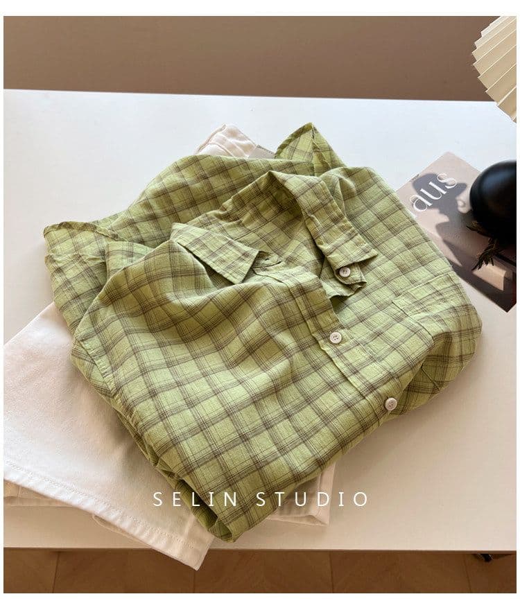 겨자 녹색 체크무늬 긴팔 여성 셔츠 스택 착용 루즈핏 편안함 얇은 스타일 느긋한 바람 패션 맨위 상세 이미지 11