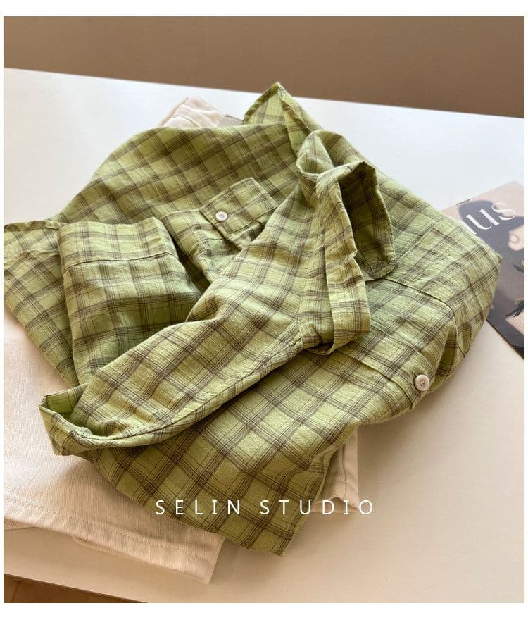 겨자 녹색 체크무늬 긴팔 여성 셔츠 스택 착용 루즈핏 편안함 얇은 스타일 느긋한 바람 패션 맨위 상세 이미지 13