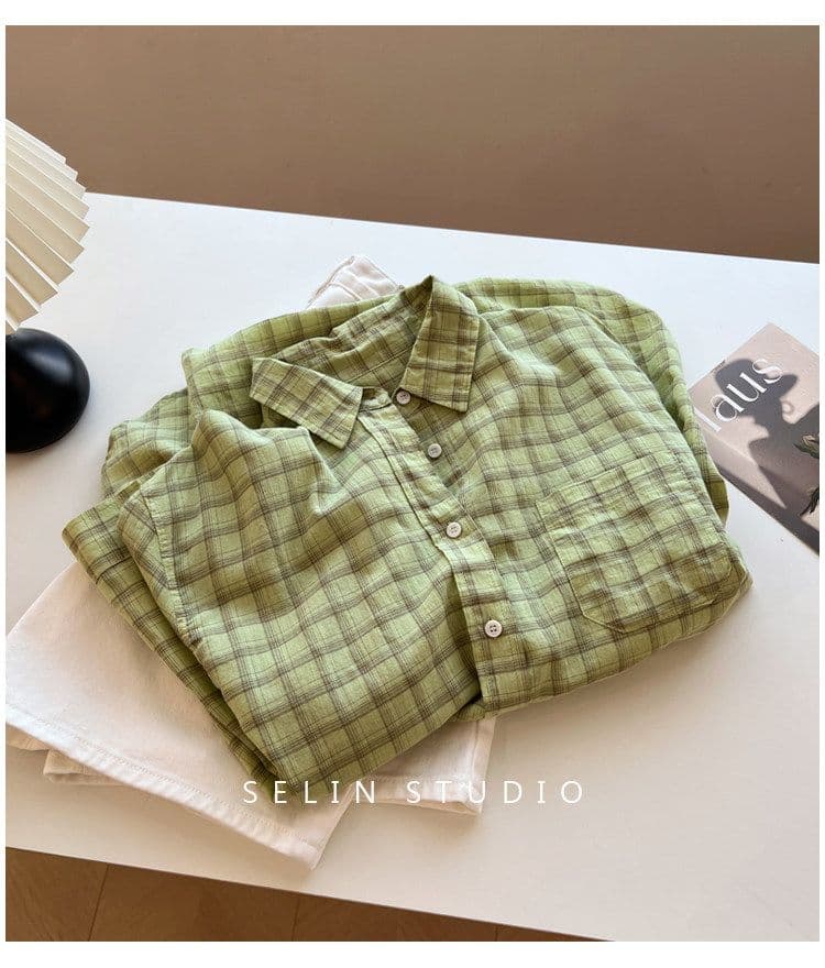 겨자 녹색 체크무늬 긴팔 여성 셔츠 스택 착용 루즈핏 편안함 얇은 스타일 느긋한 바람 패션 맨위 상세 이미지 14