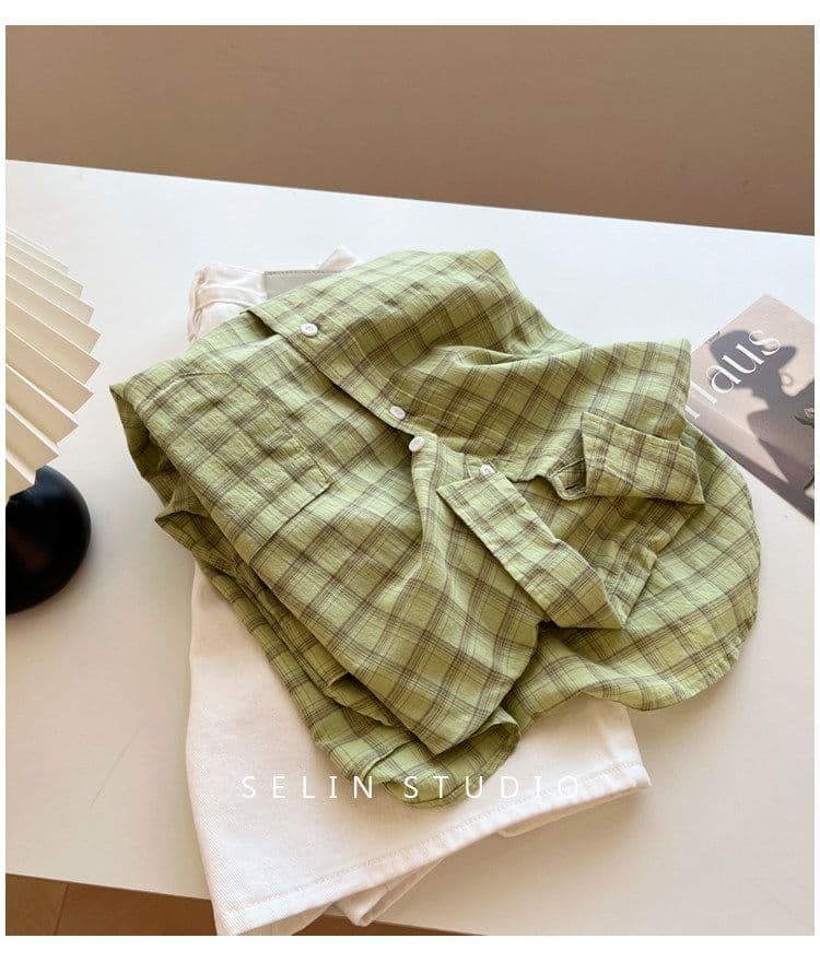 겨자 녹색 체크무늬 긴팔 여성 셔츠 스택 착용 루즈핏 편안함 얇은 스타일 느긋한 바람 패션 맨위 상세 이미지 18
