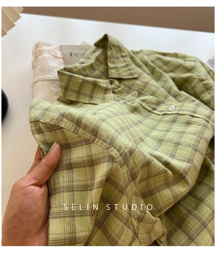 겨자 녹색 체크무늬 긴팔 여성 셔츠 스택 착용 루즈핏 편안함 얇은 스타일 느긋한 바람 패션 맨위 상세 이미지 19