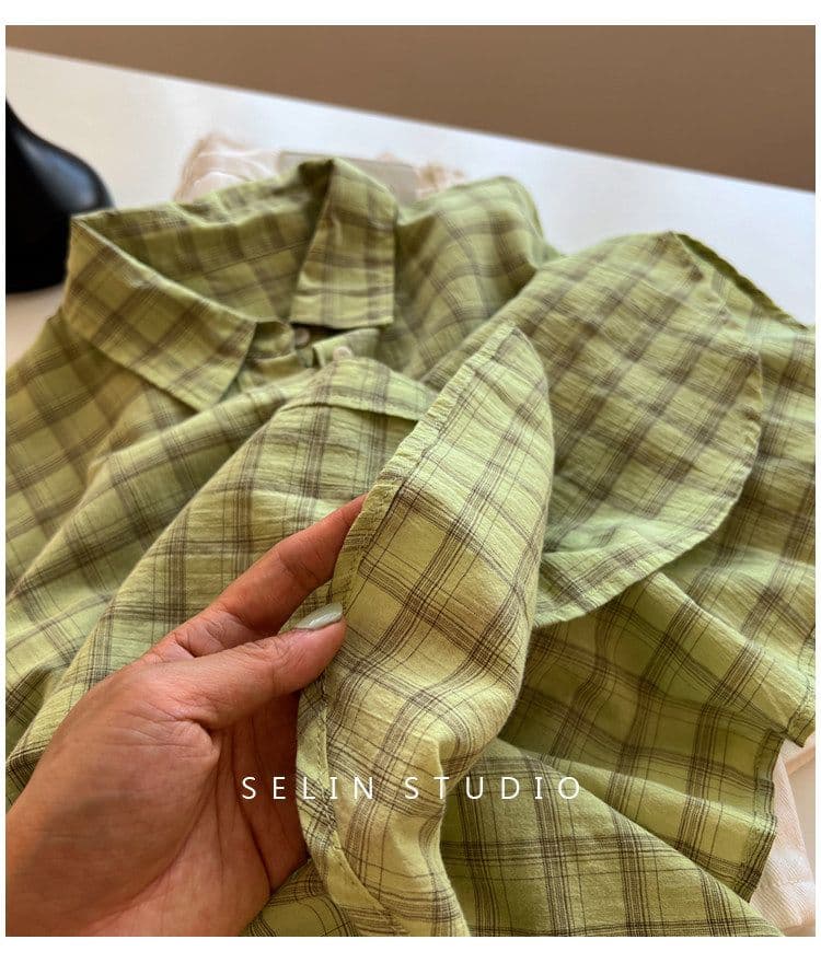 겨자 녹색 체크무늬 긴팔 여성 셔츠 스택 착용 루즈핏 편안함 얇은 스타일 느긋한 바람 패션 맨위 상세 이미지 22
