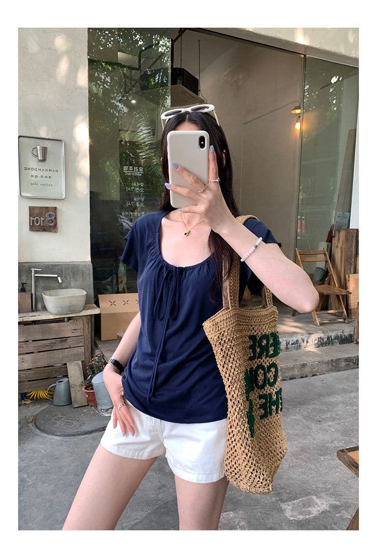 리브 디자인 센스 화이트 주름 레이스업 반팔 티셔츠 여성 여름 다용도 품격 달콤함 풀오버 맨위 상세 이미지 8