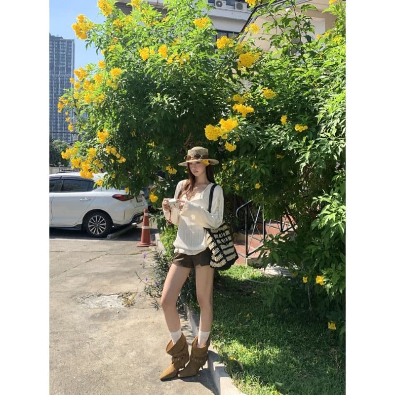 원본 자카드 원단 긴팔 니트 티셔츠 여성 여름 슬림해 보이는 자외선 차단 블라우스 얇은 스타일 다용도 느긋한 맨위 이미지 4