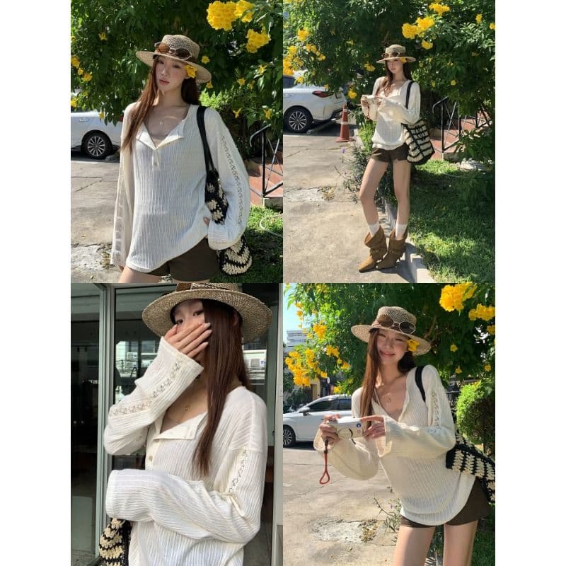 원본 자카드 원단 긴팔 니트 티셔츠 여성 여름 슬림해 보이는 자외선 차단 블라우스 얇은 스타일 다용도 느긋한 맨위 이미지 2
