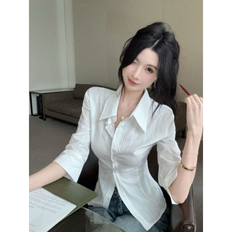 원본 원단 화이트 셔츠 여자 봄 프랑스식 맨위 고급 센스 빛 럭셔리 연령 감소 외국 가스 셔츠 이미지 5