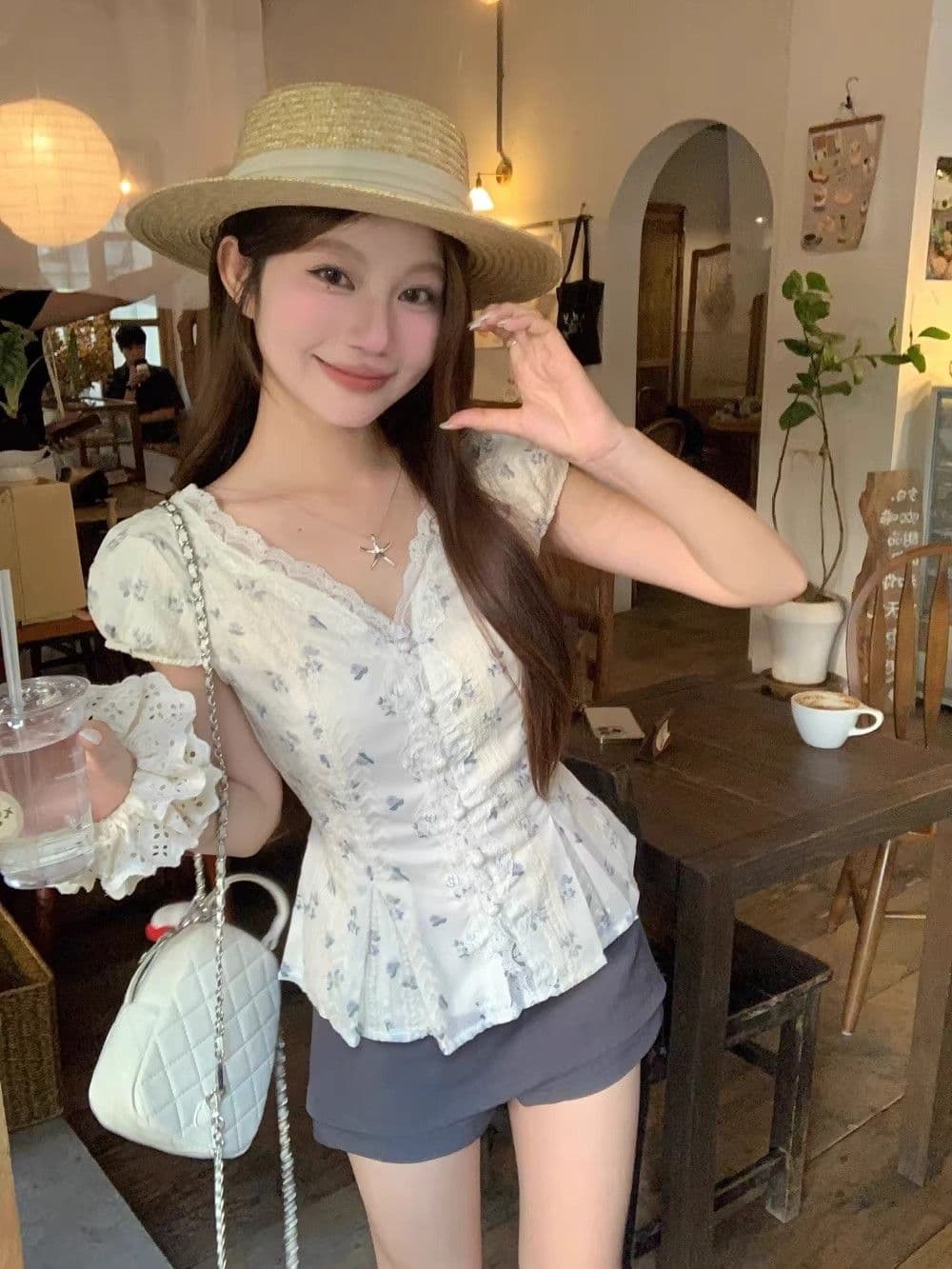 프랑스식 차 휴식 레이스 레이스 V넥 반팔 여성 셔츠 여름 달콤한 스타일 자수 꽃무늬 꼬집기 허리 슬림해 보이는 맨위 상세 이미지 11