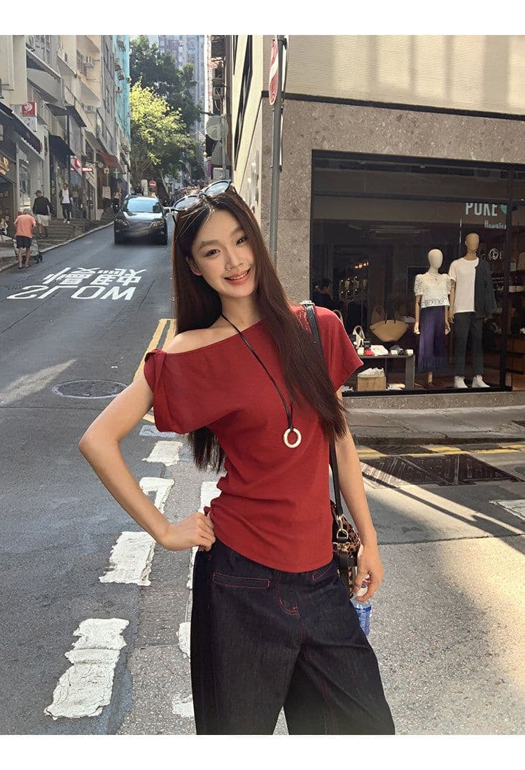 순면 리브 반팔 티셔츠 여성 새로운 여름 디자인 센스 아메리칸 레트로 핫걸 빨간색 오프숄더 비스듬한 어깨 의류 상세 이미지 2