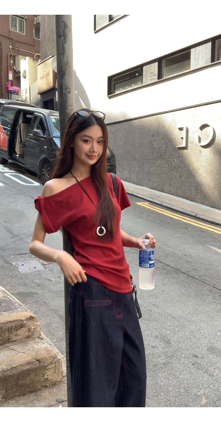 순면 리브 반팔 티셔츠 여성 새로운 여름 디자인 센스 아메리칸 레트로 핫걸 빨간색 오프숄더 비스듬한 어깨 의류 상세 이미지 4