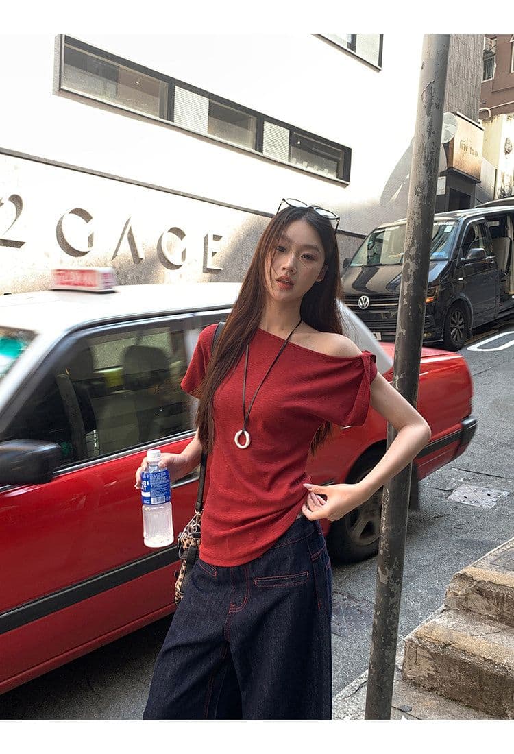 순면 리브 반팔 티셔츠 여성 새로운 여름 디자인 센스 아메리칸 레트로 핫걸 빨간색 오프숄더 비스듬한 어깨 의류 상세 이미지 11