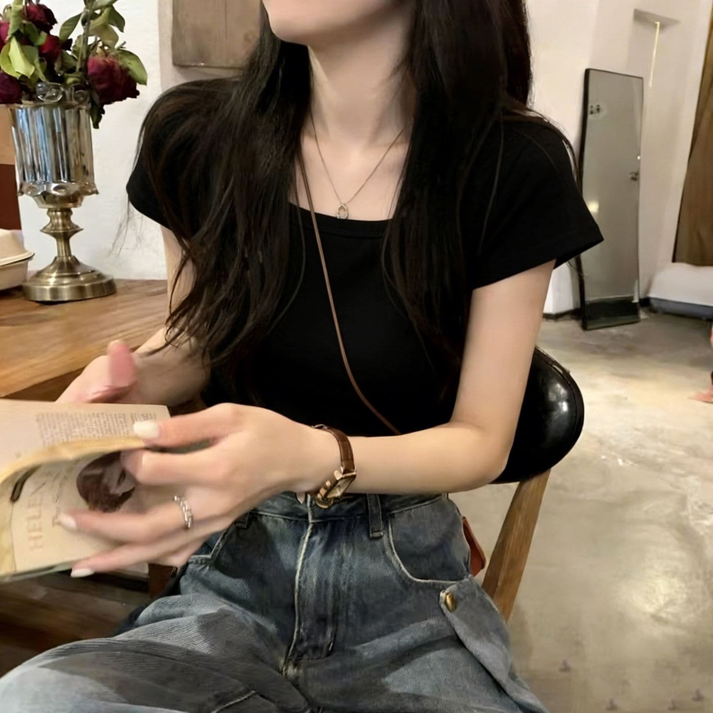 순면 리브 한 부서 달콤한 매운맛 반팔 티셔츠 여름 한국 스타일 몸매 가꾸기 인사이드 가져 가라. 외출용 기본 셔츠 u 칼라 긍정적 인 어깨 의류 이미지 2