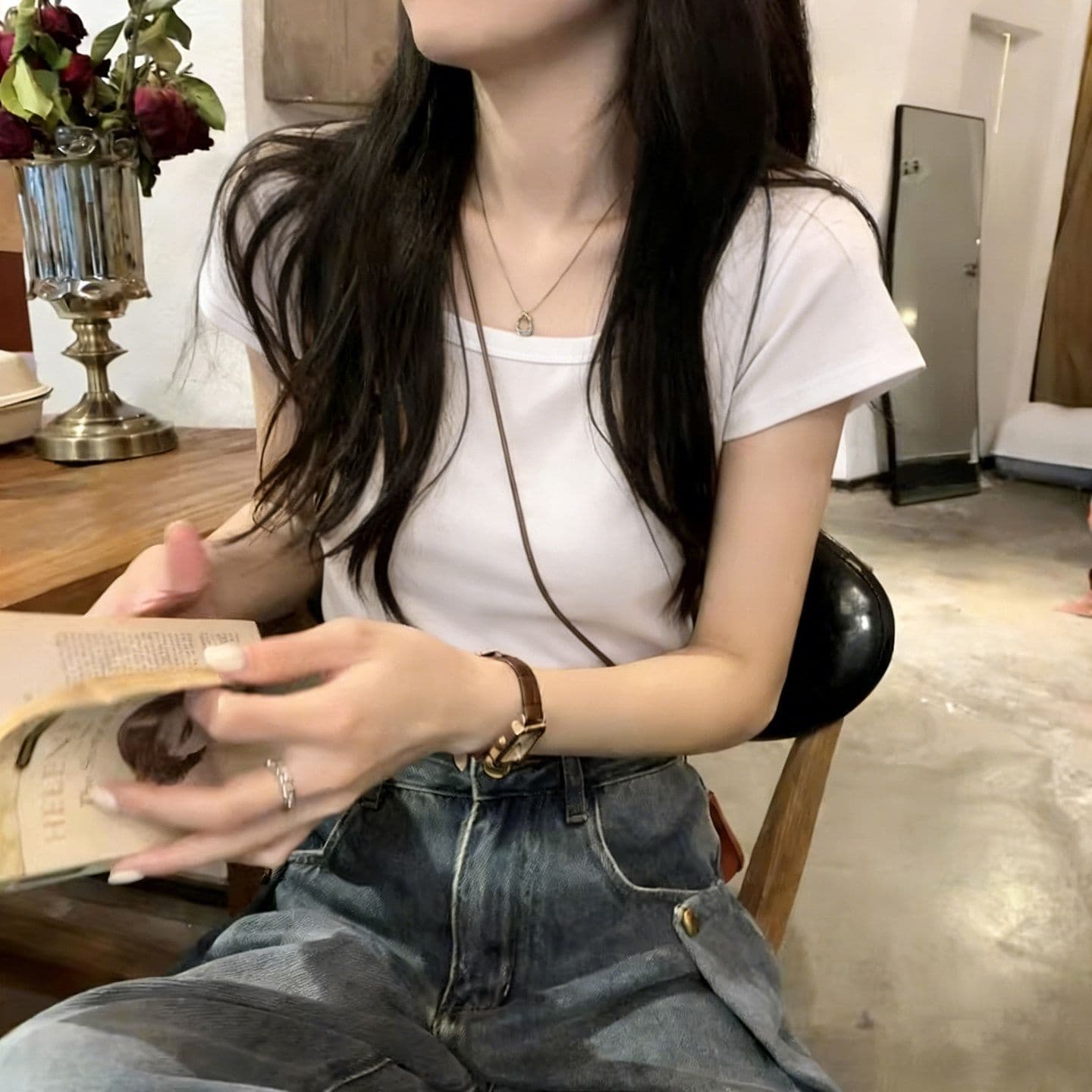 순면 리브 한 부서 달콤한 매운맛 반팔 티셔츠 여름 한국 스타일 몸매 가꾸기 인사이드 가져 가라. 외출용 기본 셔츠 u 칼라 긍정적 인 어깨 의류 상세 이미지 7