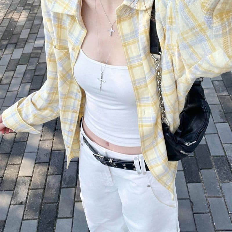 한 부서 느긋한 바람 황색 체크무늬 여성 셔츠 이른 봄 새로운 루즈핏 다용도 표지 고기 스택 착용 긴팔 카디건 코트