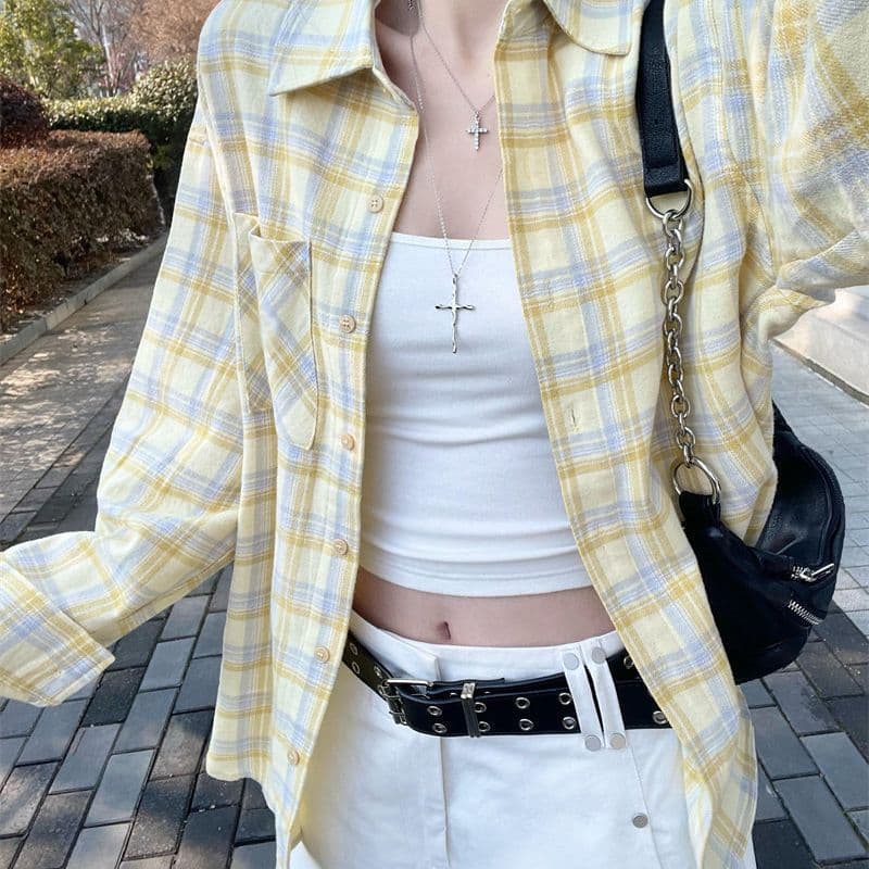 한 부서 느긋한 바람 황색 체크무늬 여성 셔츠 이른 봄 새로운 루즈핏 다용도 표지 고기 스택 착용 긴팔 카디건 코트 이미지 2