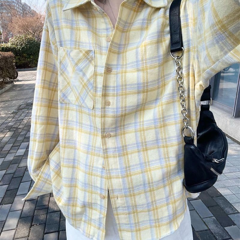 한 부서 느긋한 바람 황색 체크무늬 여성 셔츠 이른 봄 새로운 루즈핏 다용도 표지 고기 스택 착용 긴팔 카디건 코트 이미지 4
