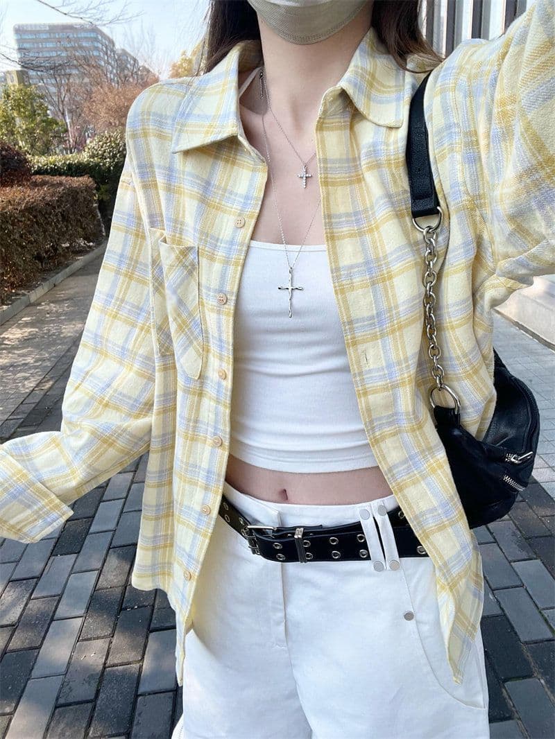 한 부서 느긋한 바람 황색 체크무늬 여성 셔츠 이른 봄 새로운 루즈핏 다용도 표지 고기 스택 착용 긴팔 카디건 코트 상세 이미지 2