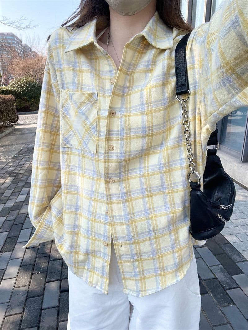 한 부서 느긋한 바람 황색 체크무늬 여성 셔츠 이른 봄 새로운 루즈핏 다용도 표지 고기 스택 착용 긴팔 카디건 코트 상세 이미지 4