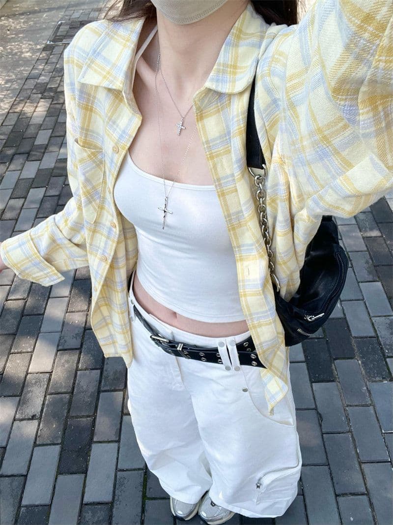 한 부서 느긋한 바람 황색 체크무늬 여성 셔츠 이른 봄 새로운 루즈핏 다용도 표지 고기 스택 착용 긴팔 카디건 코트 상세 이미지 6