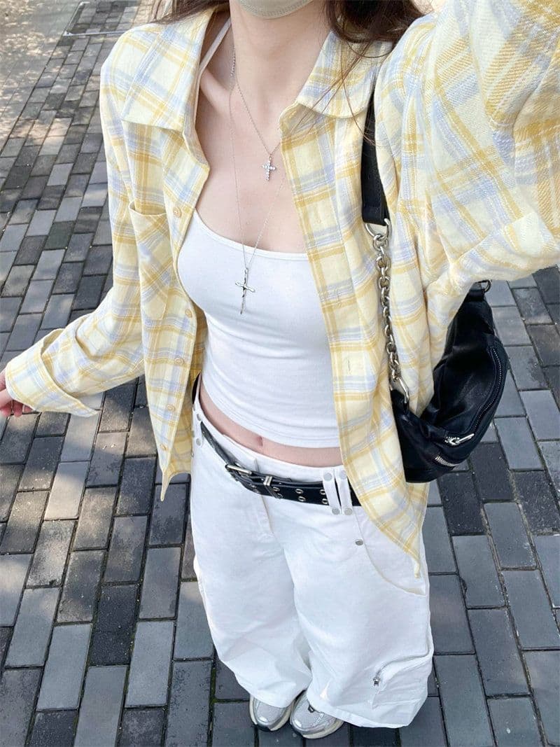 한 부서 느긋한 바람 황색 체크무늬 여성 셔츠 이른 봄 새로운 루즈핏 다용도 표지 고기 스택 착용 긴팔 카디건 코트 상세 이미지 8