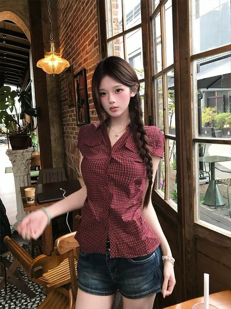 원본 원단 높은 품질 빨간색 체크무늬 반팔 여성 셔츠 여름 디자인 센스 긍정적 인 어깨 꼬집기 허리 셔츠 상세 이미지 1