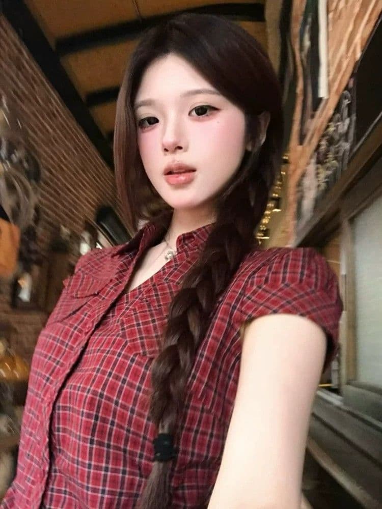 원본 원단 높은 품질 빨간색 체크무늬 반팔 여성 셔츠 여름 디자인 센스 긍정적 인 어깨 꼬집기 허리 셔츠 상세 이미지 2