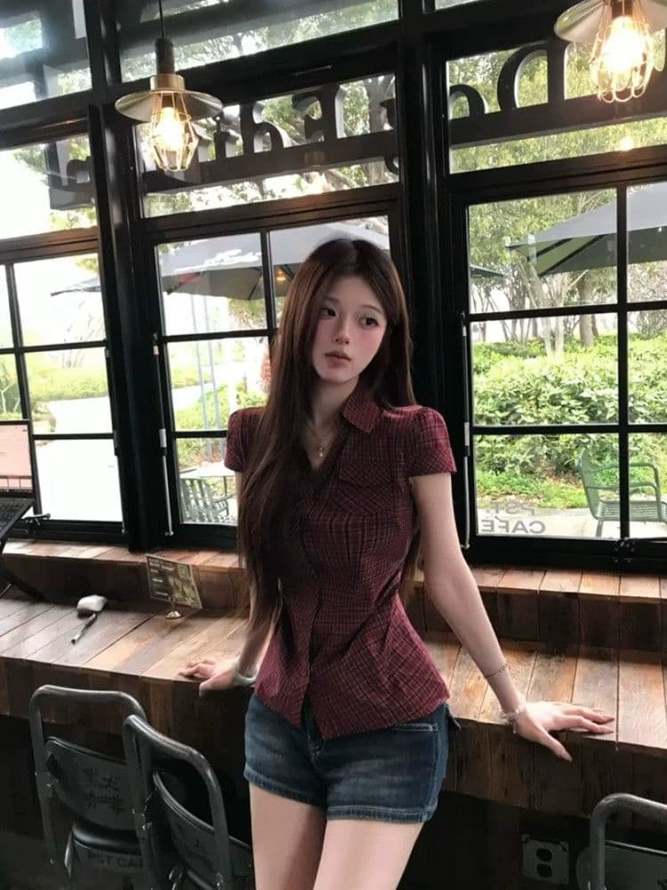 원본 원단 높은 품질 빨간색 체크무늬 반팔 여성 셔츠 여름 디자인 센스 긍정적 인 어깨 꼬집기 허리 셔츠 상세 이미지 4