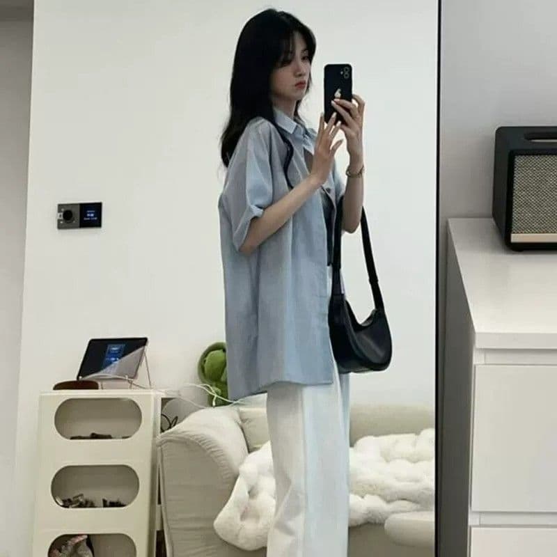 파란색 반팔 여성 셔츠 여름 2026 새로운 한 부서 작은 키 루즈핏 캐주얼 통기성 자외선 차단 셔츠 재킷 이미지 2