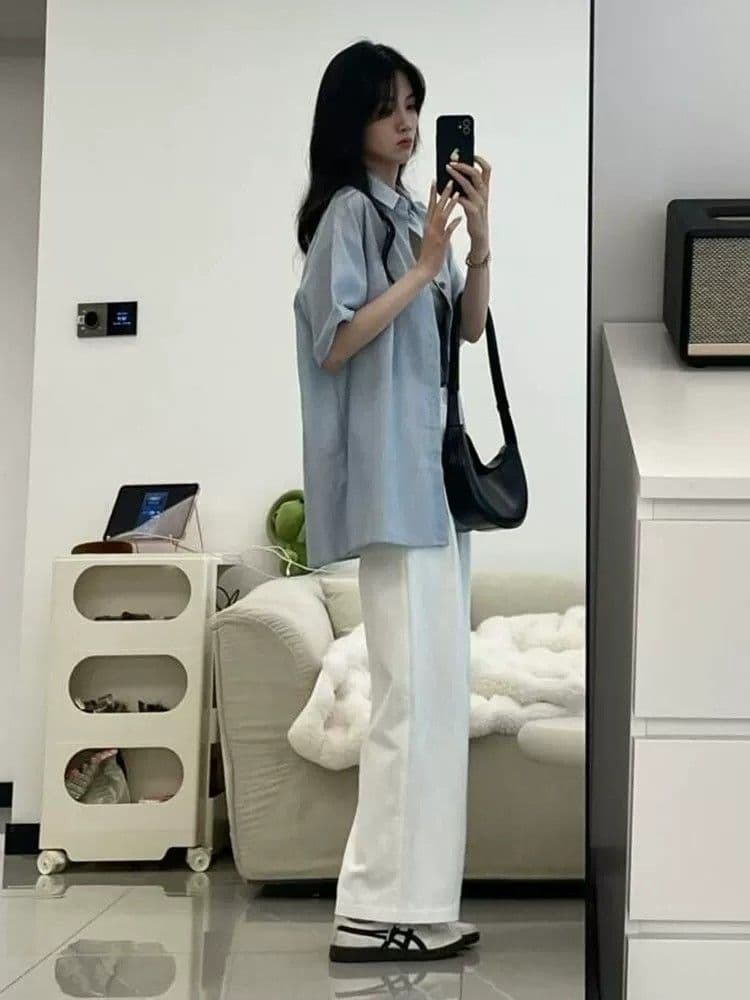 파란색 반팔 여성 셔츠 여름 2026 새로운 한 부서 작은 키 루즈핏 캐주얼 통기성 자외선 차단 셔츠 재킷 상세 이미지 4