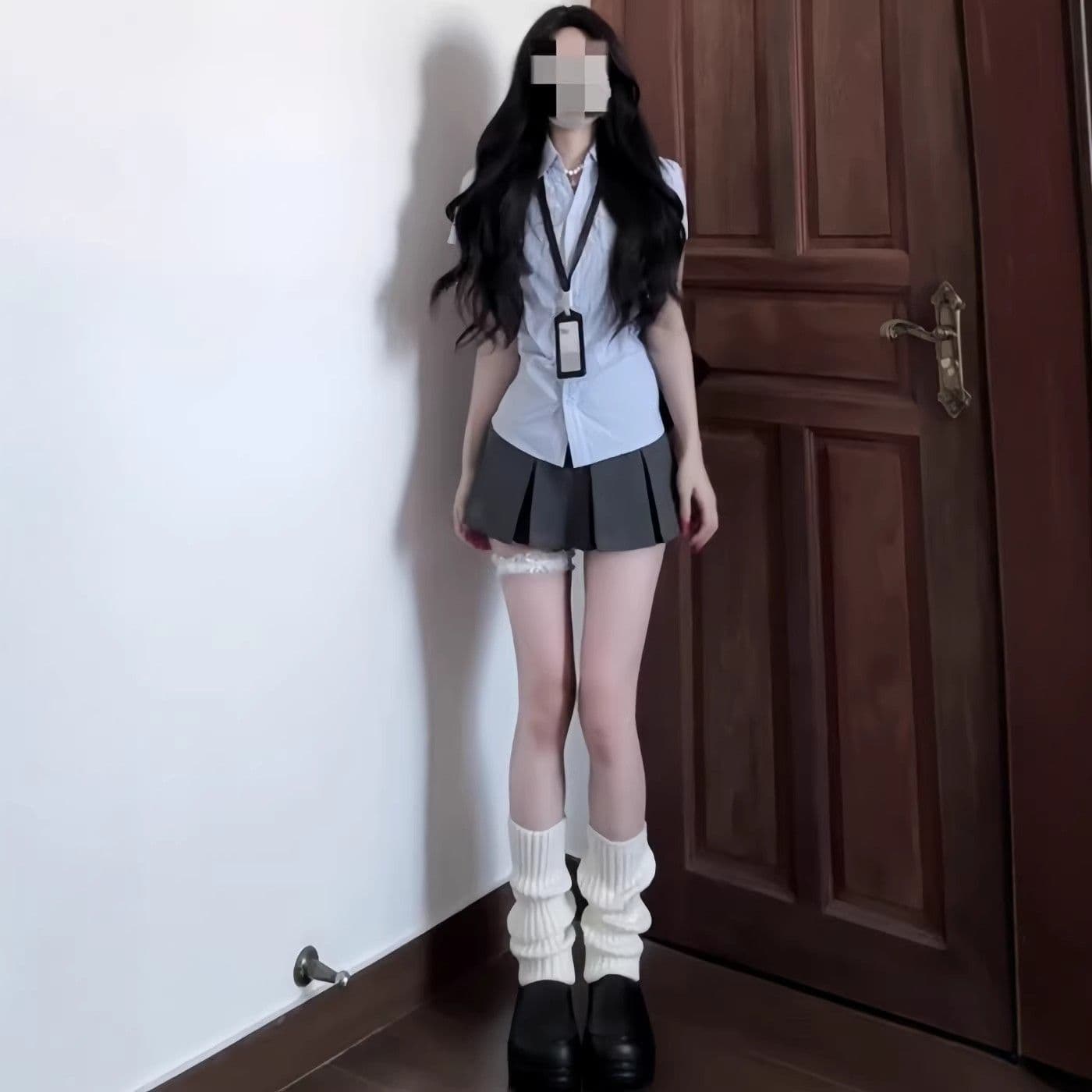 학원 스타일 스트라이프 반팔 여성 셔츠 여름 착용 가져 가라. 폴로 칼라 긍정적 인 어깨 셔츠 몸매 가꾸기 슬림해 보이는 핫걸 파란색 맨위 이미지 4