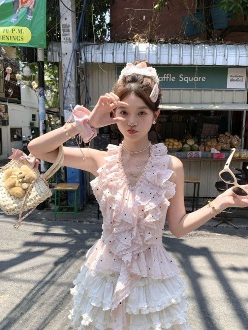 달콤함 분위기 센스 ins 바람 핑크색 도트 무늬 패치워크 프릴 행침 목 조끼 맨위 퍼프 케이크 드레스 여름 이미지 4