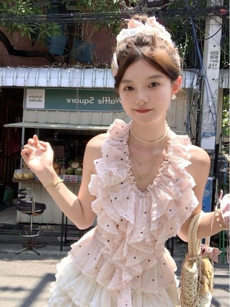달콤함 분위기 센스 ins 바람 핑크색 도트 무늬 패치워크 프릴 행침 목 조끼 맨위 퍼프 케이크 드레스 여름 이미지 2