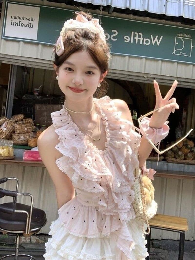 달콤함 분위기 센스 ins 바람 핑크색 도트 무늬 패치워크 프릴 행침 목 조끼 맨위 퍼프 케이크 드레스 여름