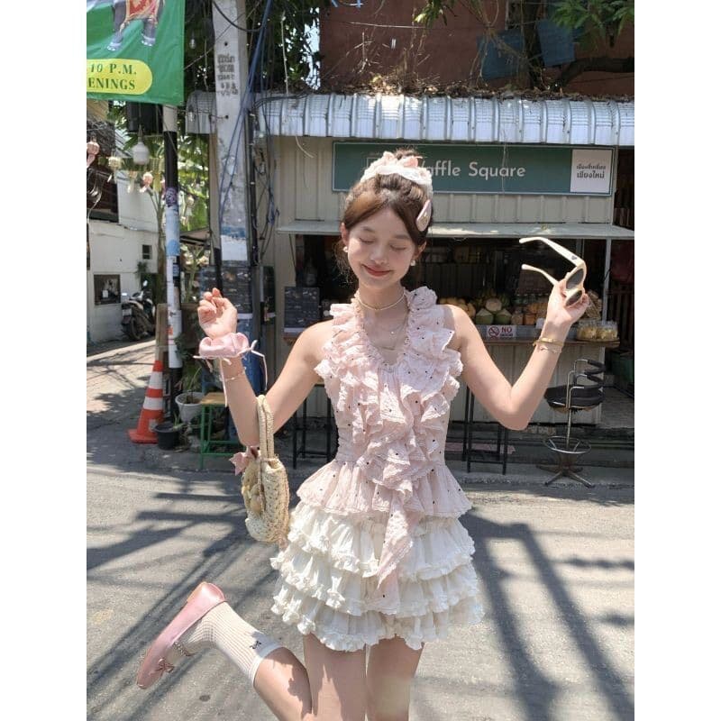 달콤함 분위기 센스 ins 바람 핑크색 도트 무늬 패치워크 프릴 행침 목 조끼 맨위 퍼프 케이크 드레스 여름 상세 이미지 4