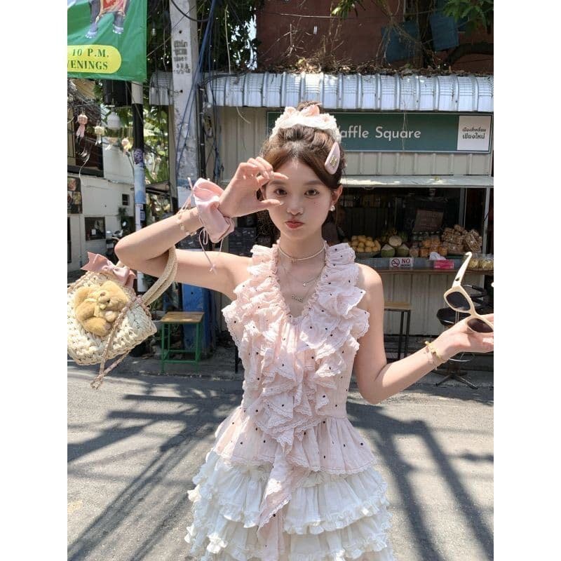 달콤함 분위기 센스 ins 바람 핑크색 도트 무늬 패치워크 프릴 행침 목 조끼 맨위 퍼프 케이크 드레스 여름 상세 이미지 6
