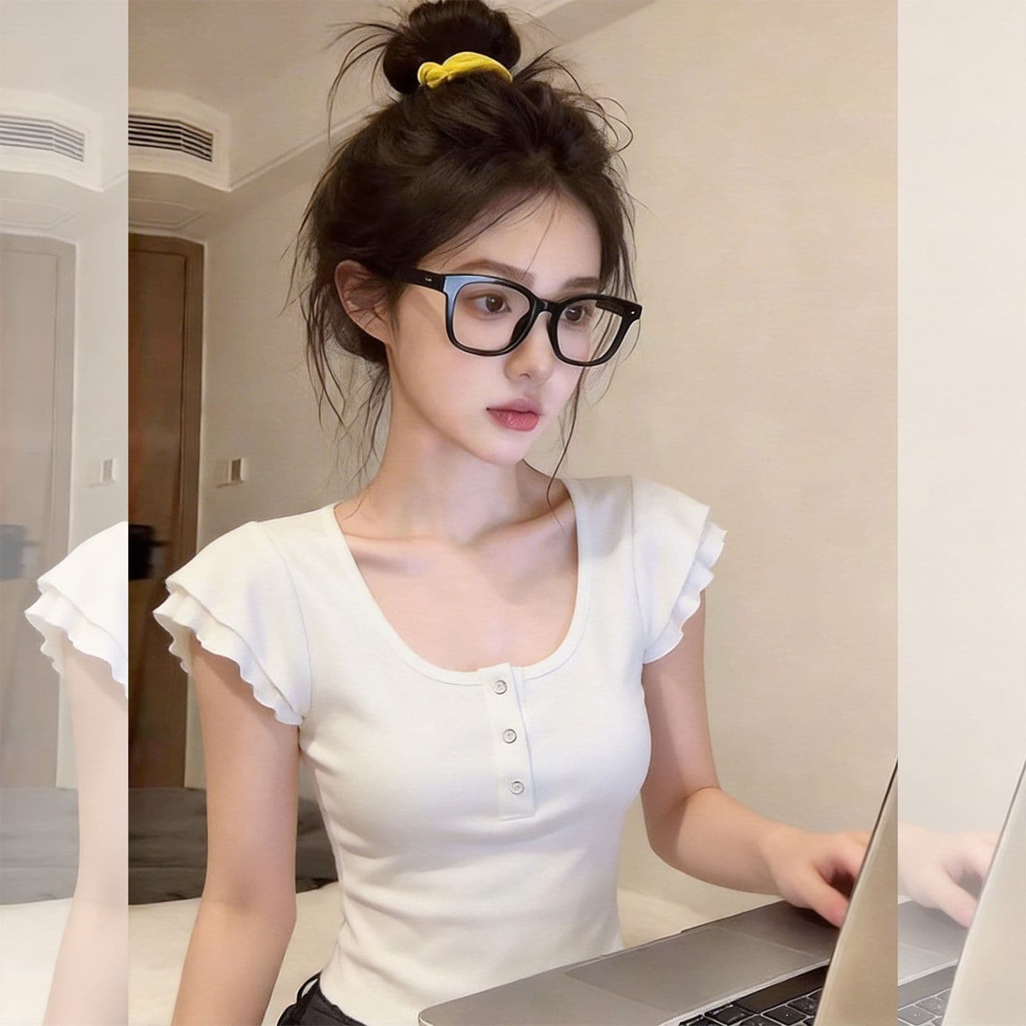 260 그램 사람들 면 리브 92 접착제 8 암모니아 Lun 순수한 욕망 회색 u 칼라 작은 날다 소매 티셔츠 여성 새로운 몸매 가꾸기 맨위 이미지 2
