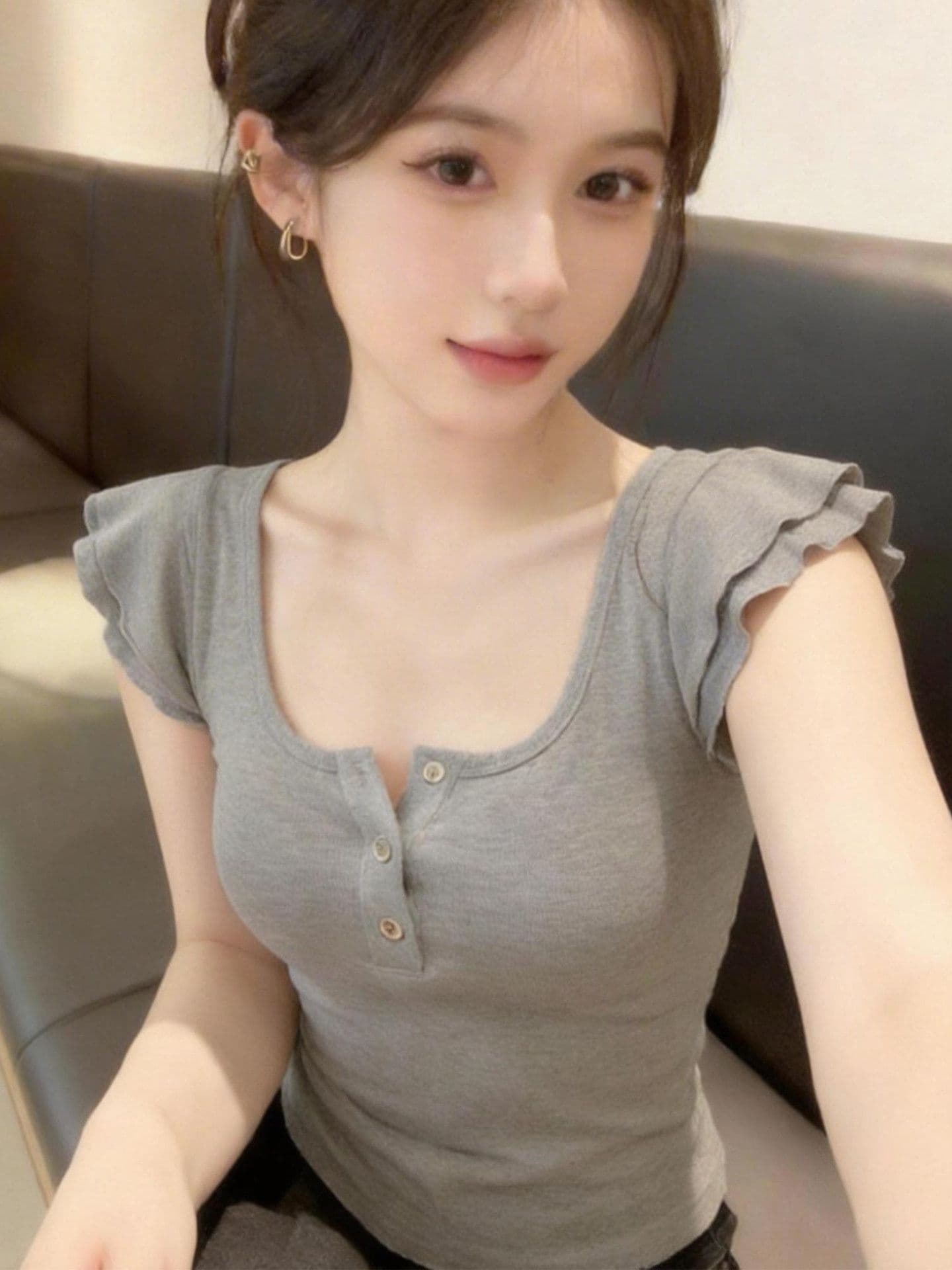 260 그램 사람들 면 리브 92 접착제 8 암모니아 Lun 순수한 욕망 회색 u 칼라 작은 날다 소매 티셔츠 여성 새로운 몸매 가꾸기 맨위 상세 이미지 5
