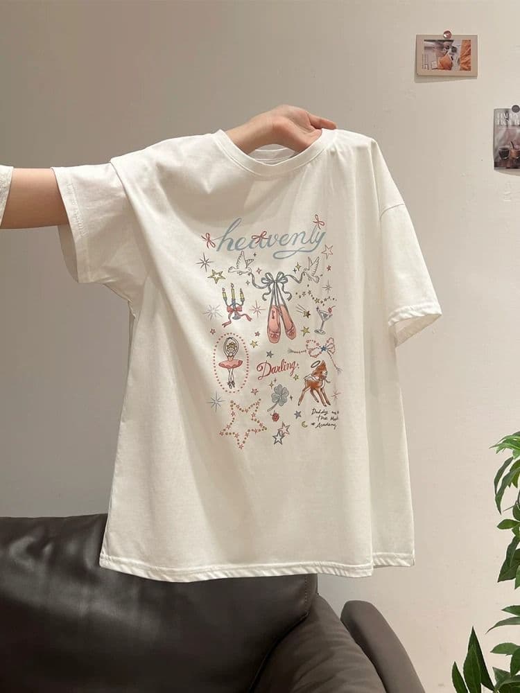 경관 그림 21 순면 210 그램 여름 드레스 반팔 티셔츠 여성 한국 스타일 빅 사이즈 루즈핏