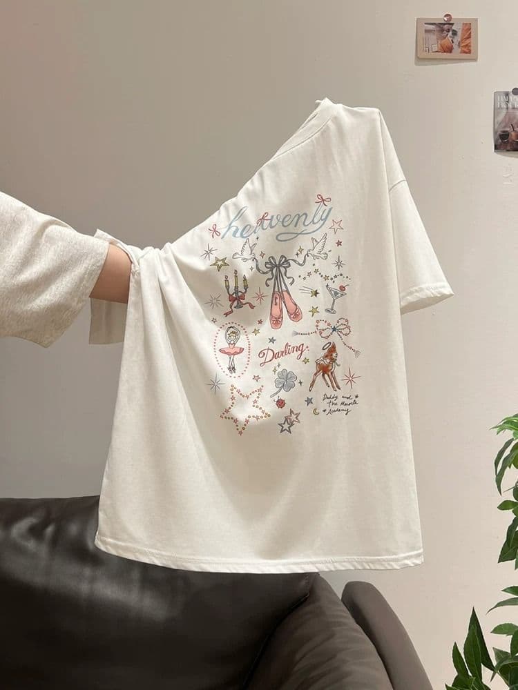 경관 그림 21 순면 210 그램 여름 드레스 반팔 티셔츠 여성 한국 스타일 빅 사이즈 루즈핏 상세 이미지 4