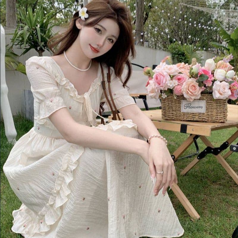 자수 원단 쉬폰 네리 하나 프랑스식 부드러운 바람 디자인 센스 거품 소매 자수 케이크 드레스 드레스 상세 이미지 5