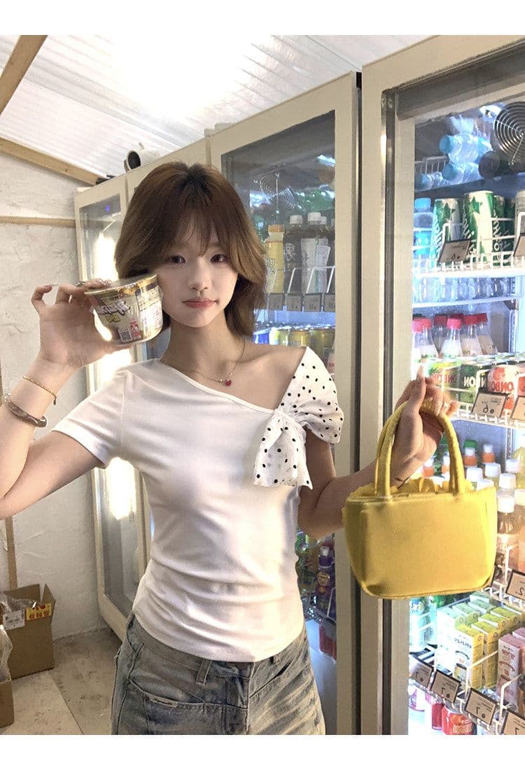 모달 사람들 면 반팔 티셔츠 여성 여름 폭발 화이트 몸매 가꾸기 핫걸 디자인 센스 오프숄더 비스듬한 어깨 의류 상세 이미지 18