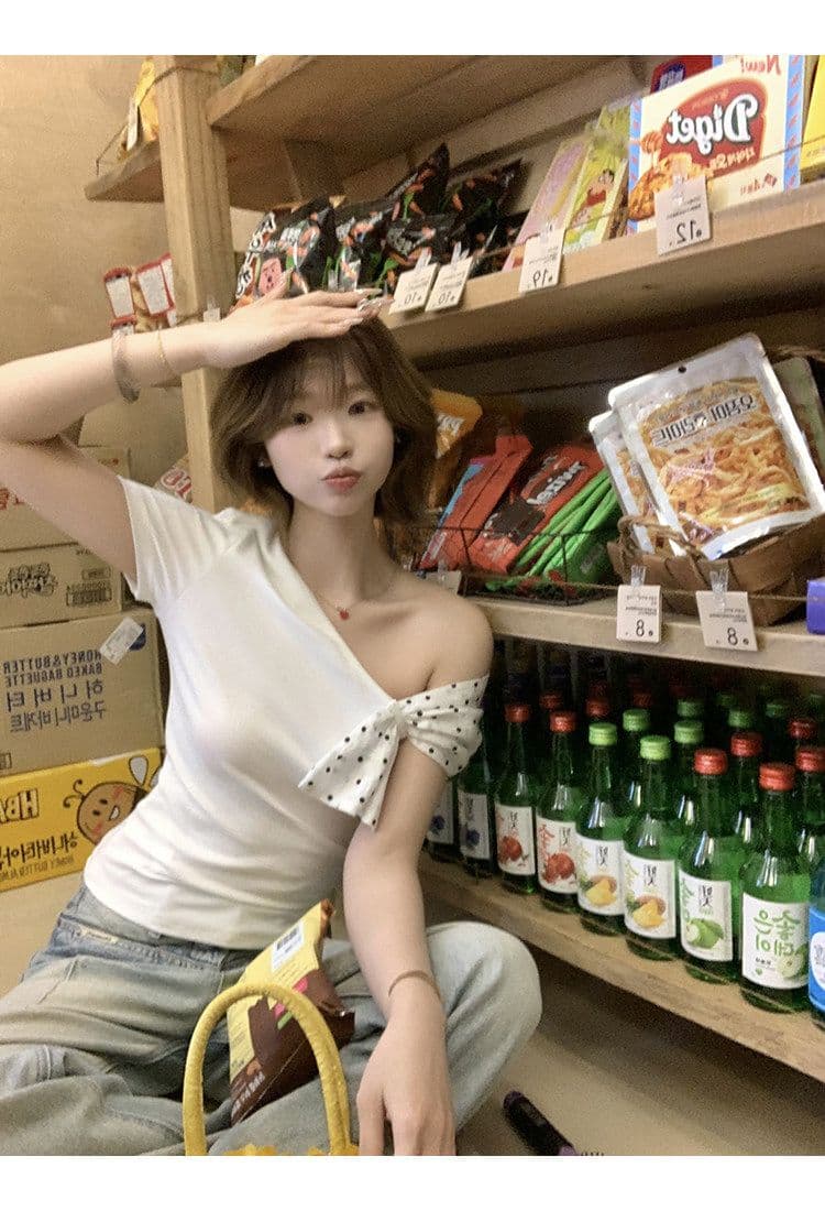 모달 사람들 면 반팔 티셔츠 여성 여름 폭발 화이트 몸매 가꾸기 핫걸 디자인 센스 오프숄더 비스듬한 어깨 의류 상세 이미지 19
