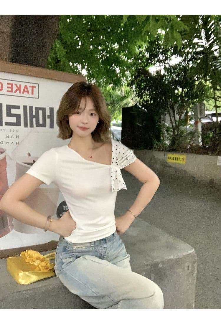 모달 사람들 면 반팔 티셔츠 여성 여름 폭발 화이트 몸매 가꾸기 핫걸 디자인 센스 오프숄더 비스듬한 어깨 의류 상세 이미지 21