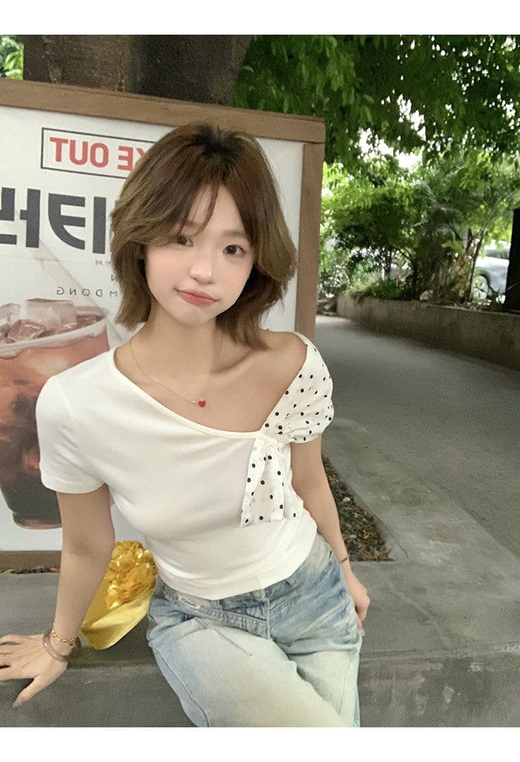 모달 사람들 면 반팔 티셔츠 여성 여름 폭발 화이트 몸매 가꾸기 핫걸 디자인 센스 오프숄더 비스듬한 어깨 의류 상세 이미지 22