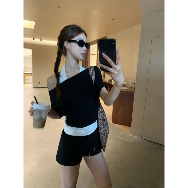 40 좋은 면 디자인 센스 배색 페이크 레이어드 행침 목 보트넥 맨위 티셔츠 오프숄더 반팔 여성 여름 이미지 2