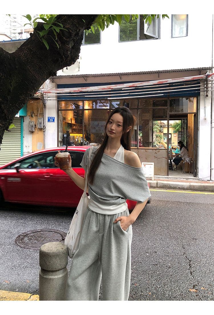 40 좋은 면 디자인 센스 배색 페이크 레이어드 행침 목 보트넥 맨위 티셔츠 오프숄더 반팔 여성 여름 상세 이미지 4