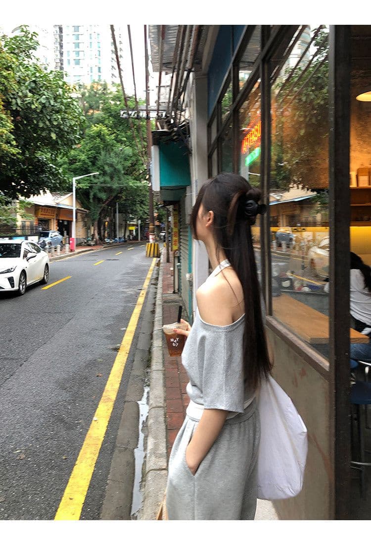 40 좋은 면 디자인 센스 배색 페이크 레이어드 행침 목 보트넥 맨위 티셔츠 오프숄더 반팔 여성 여름 상세 이미지 9