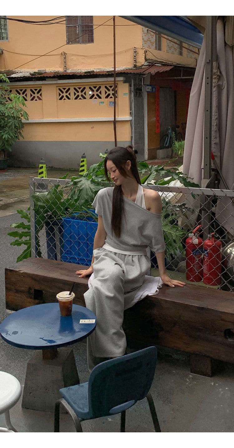 40 좋은 면 디자인 센스 배색 페이크 레이어드 행침 목 보트넥 맨위 티셔츠 오프숄더 반팔 여성 여름 상세 이미지 14