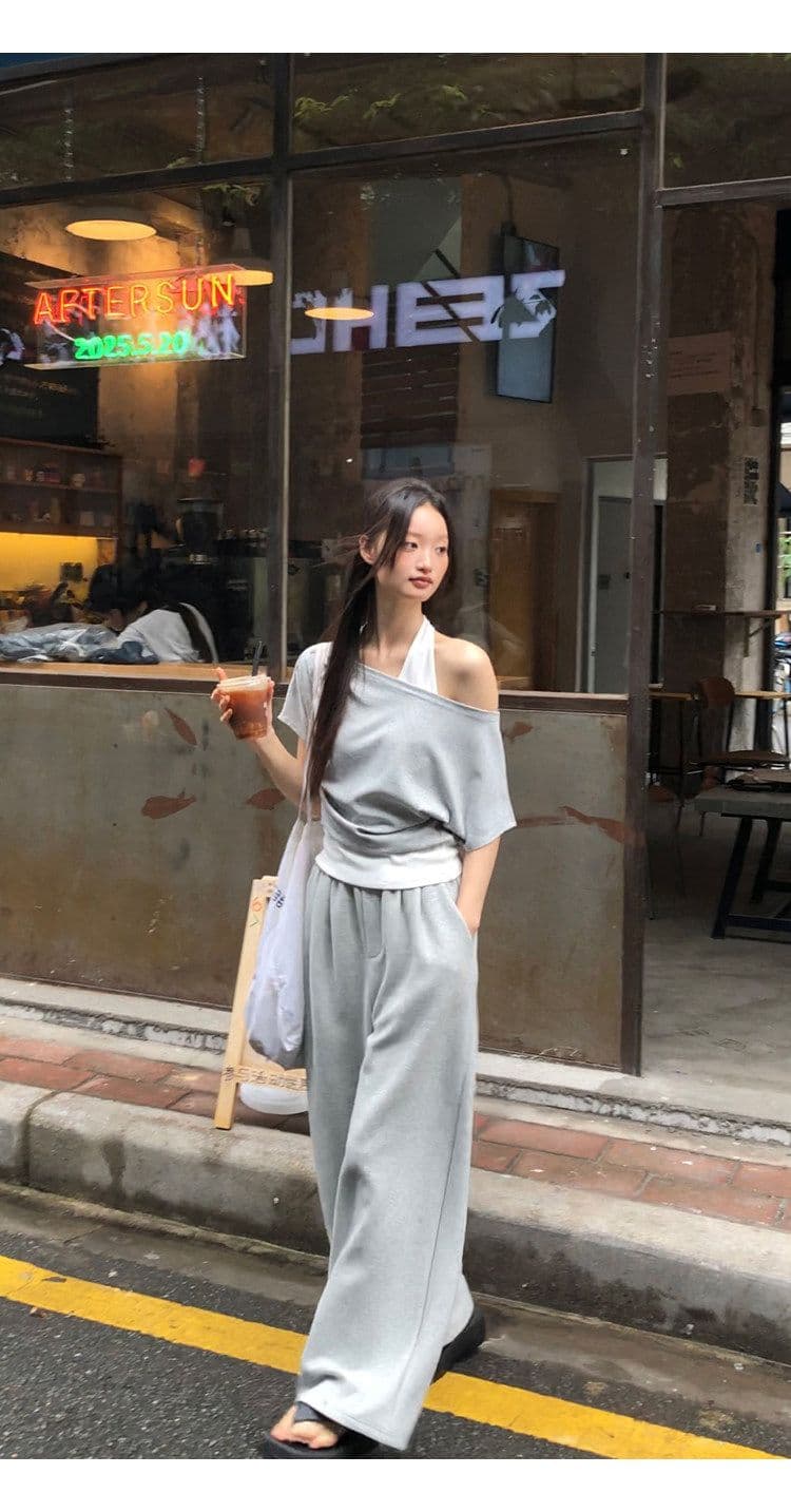 40 좋은 면 디자인 센스 배색 페이크 레이어드 행침 목 보트넥 맨위 티셔츠 오프숄더 반팔 여성 여름 상세 이미지 15