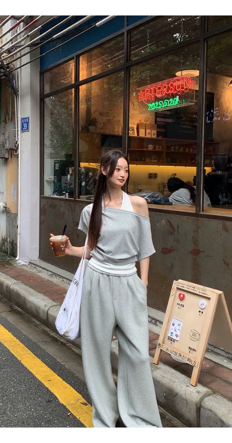 40 좋은 면 디자인 센스 배색 페이크 레이어드 행침 목 보트넥 맨위 티셔츠 오프숄더 반팔 여성 여름 상세 이미지 18