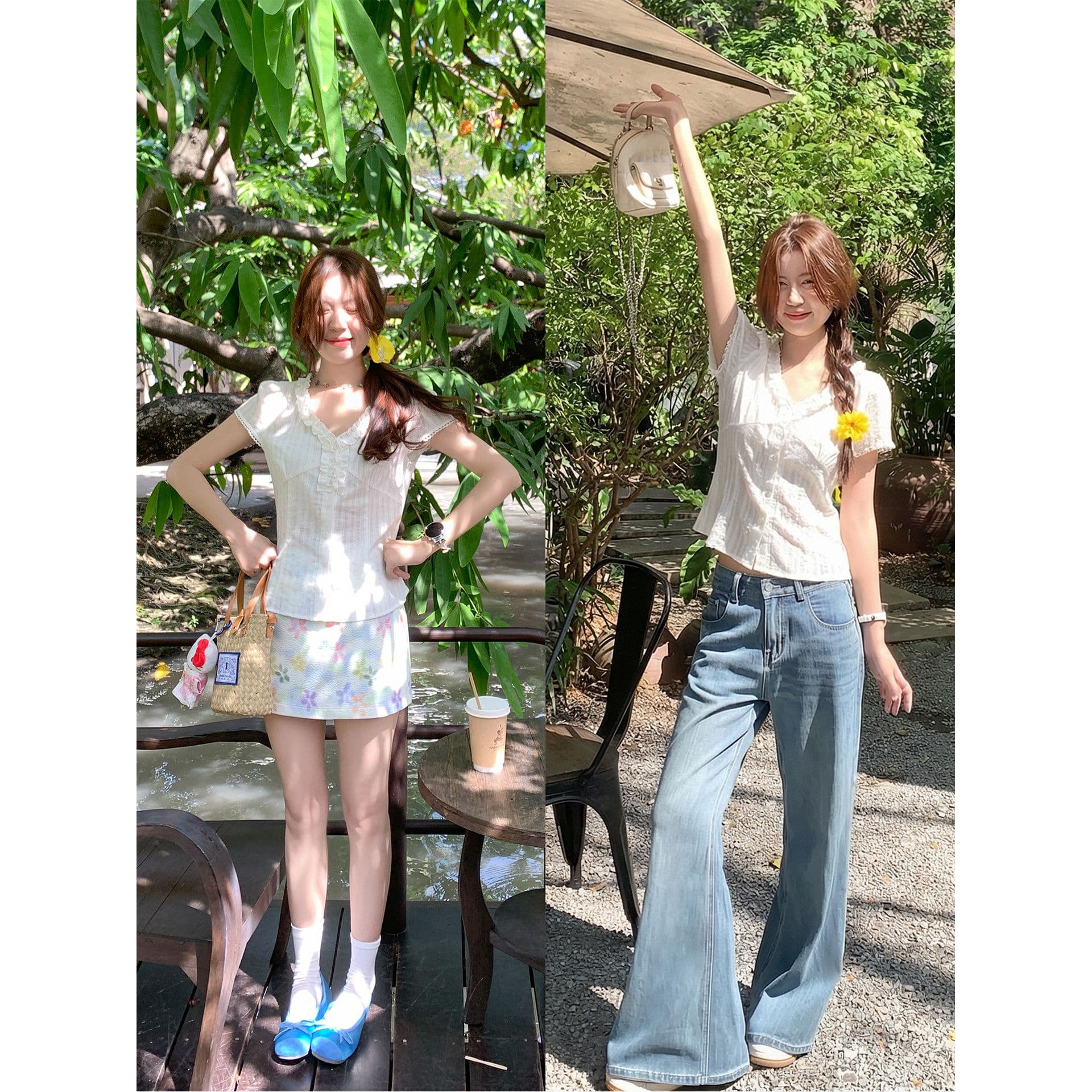 모래 워시 자카드 원단 한 부서 프릴 화이트 V넥 반팔 여성 셔츠 여름 허리 수축 셔츠 맨위 이미지 4